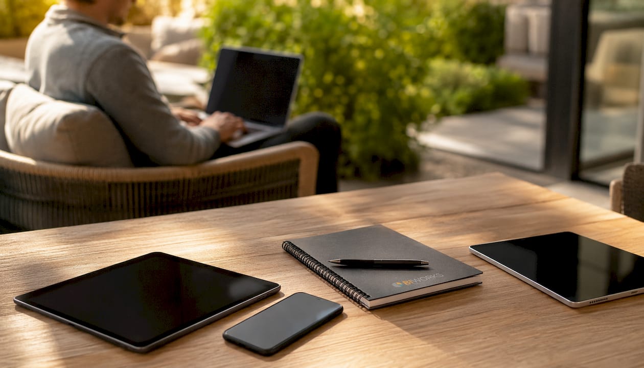Une tablette et un smartphone posés sur la table d’une salle de réunion moderne