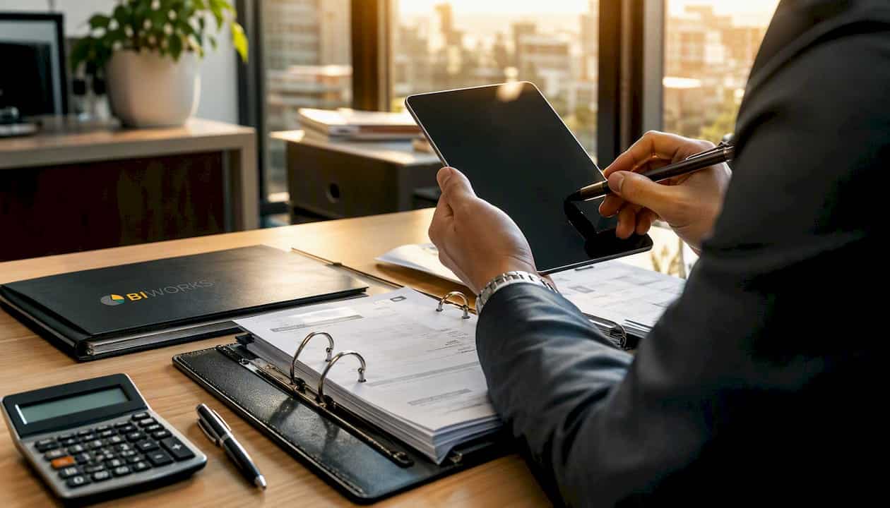 Des mains saisissent des factures électroniques sur une tablette.