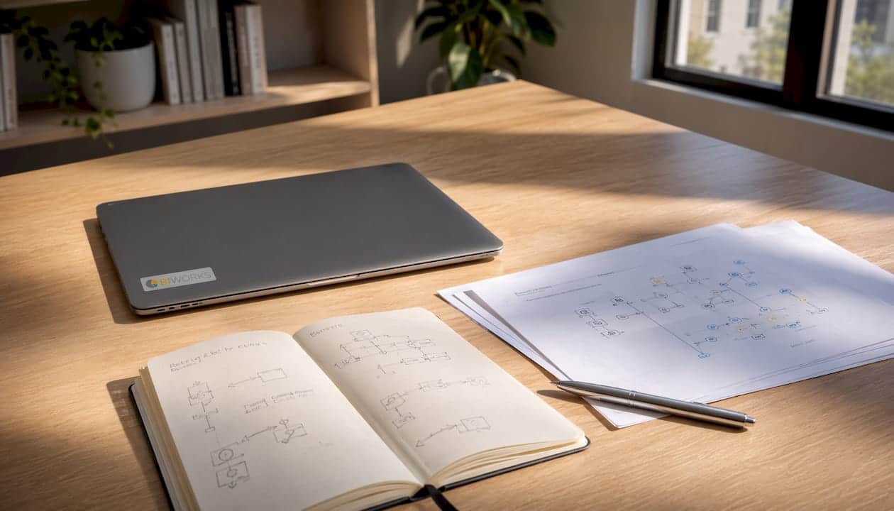 Vue plongeante sur une table où sont disposés des documents et des accessoires technologiques.