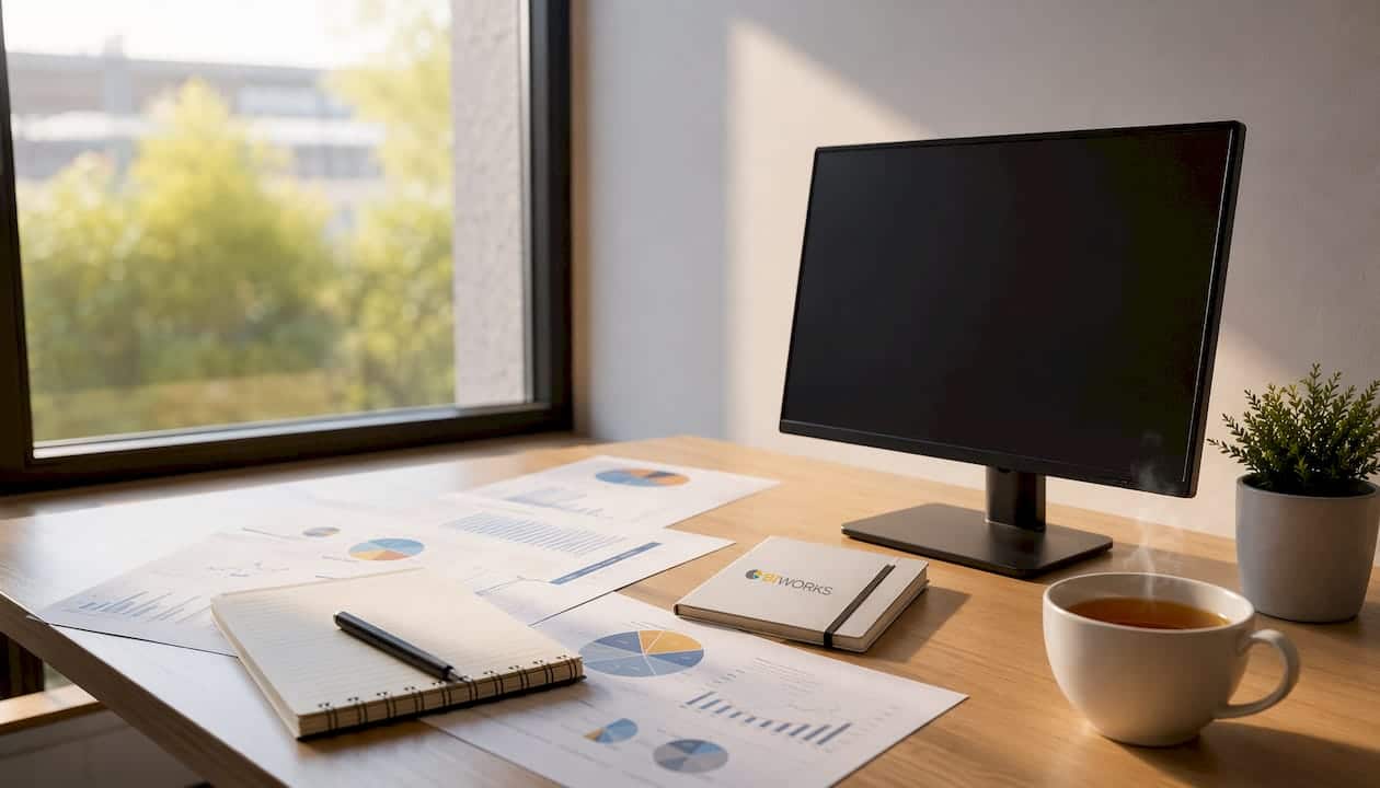 Espace de travail avec des schémas et des fournitures professionnelles sur le bureau