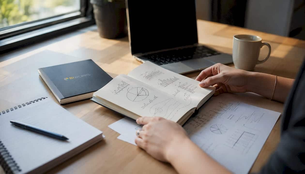 Des mains s'affairent à croquer un dessin sur les pages d'un carnet.