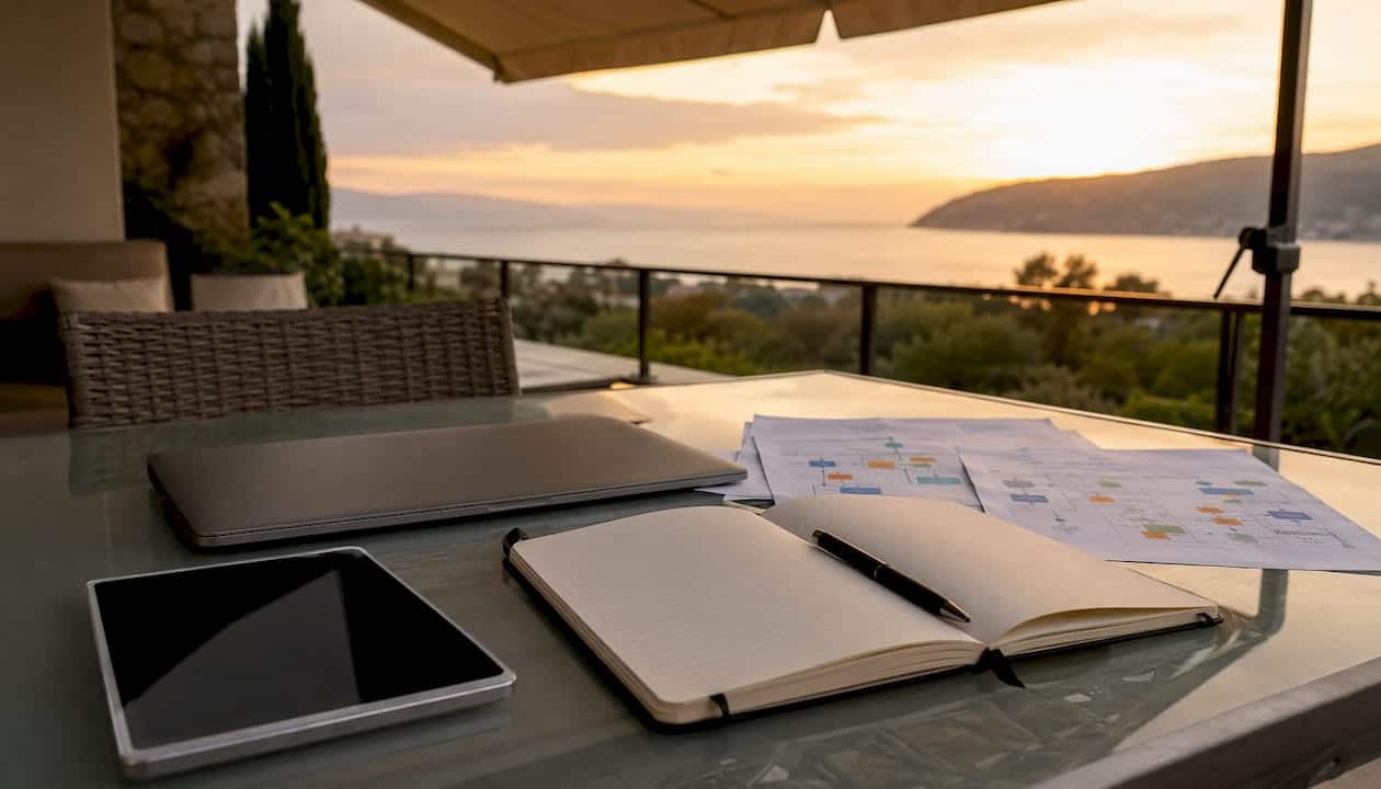 Dernières innovations technologiques installées sur une table de réunion contemporaine