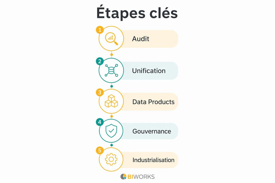 Visuel illustrant les grandes étapes de la mise en place d’une architecture décisionnelle
