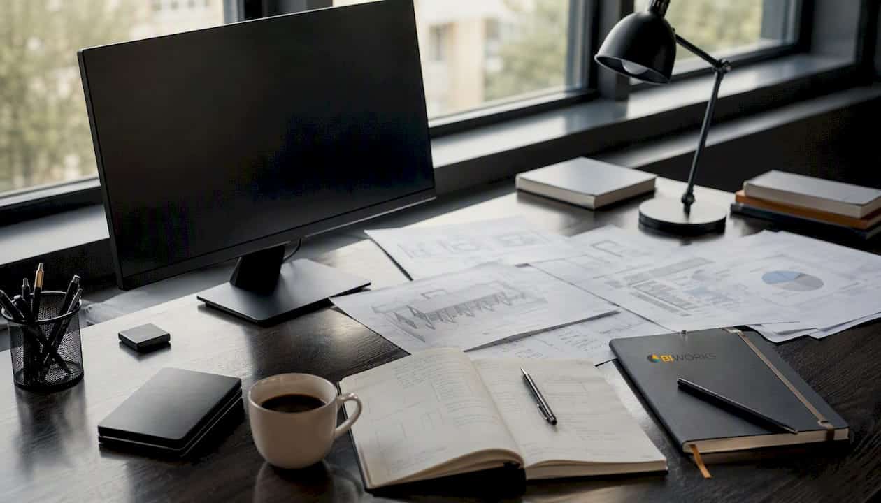Espace de travail dédié à l’architecture, avec plans et dossiers professionnels posés sur le bureau.