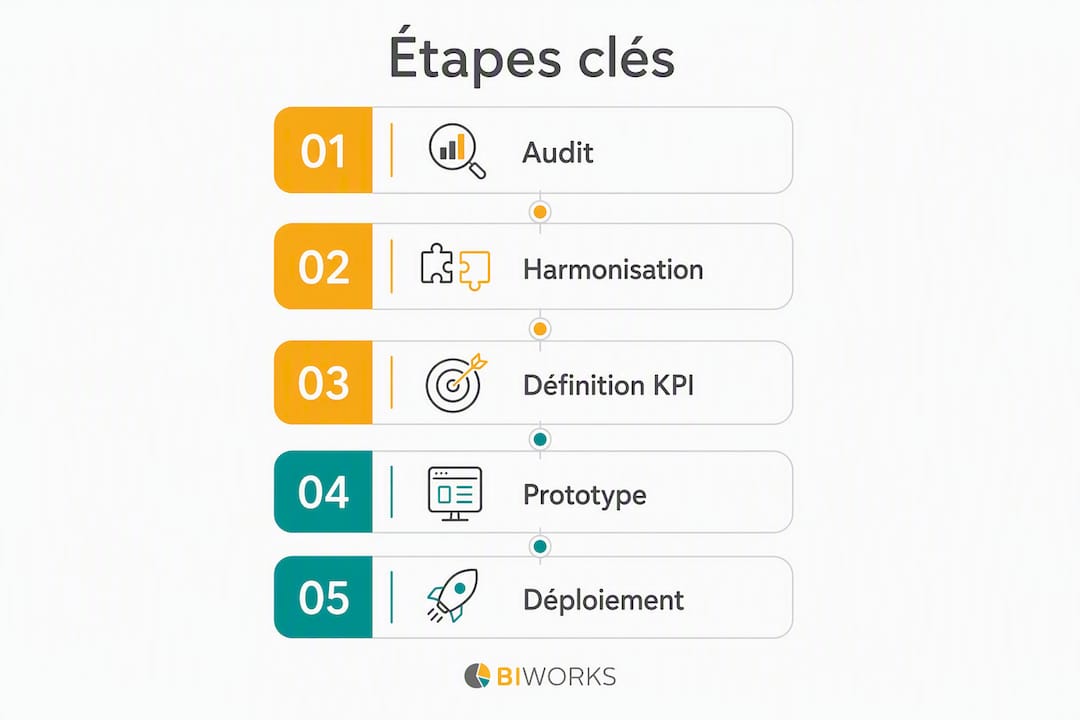 Schéma récapitulatif des grandes étapes d’un projet de reporting avancé