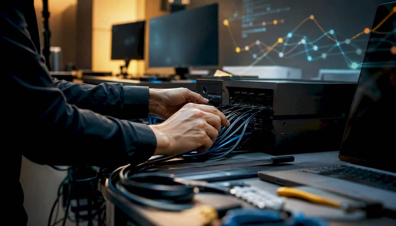 Des mains en train d’organiser les connexions pour la circulation des données