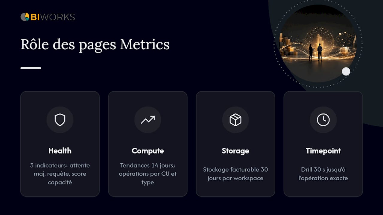 Schéma comparant les différentes pages de l'application Power BI Metrics