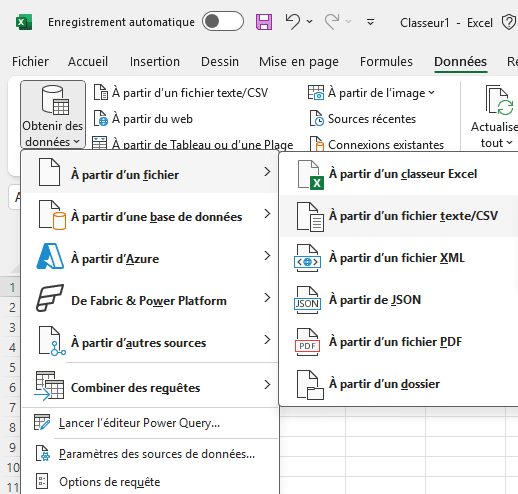 Power query Excel menu import de données